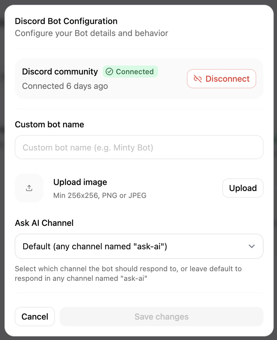 The Discord configuration panel in light mode.