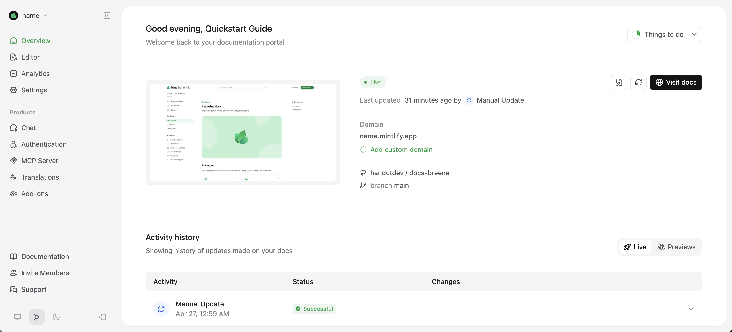 Page Overview du Tableau de bord Mintlify.