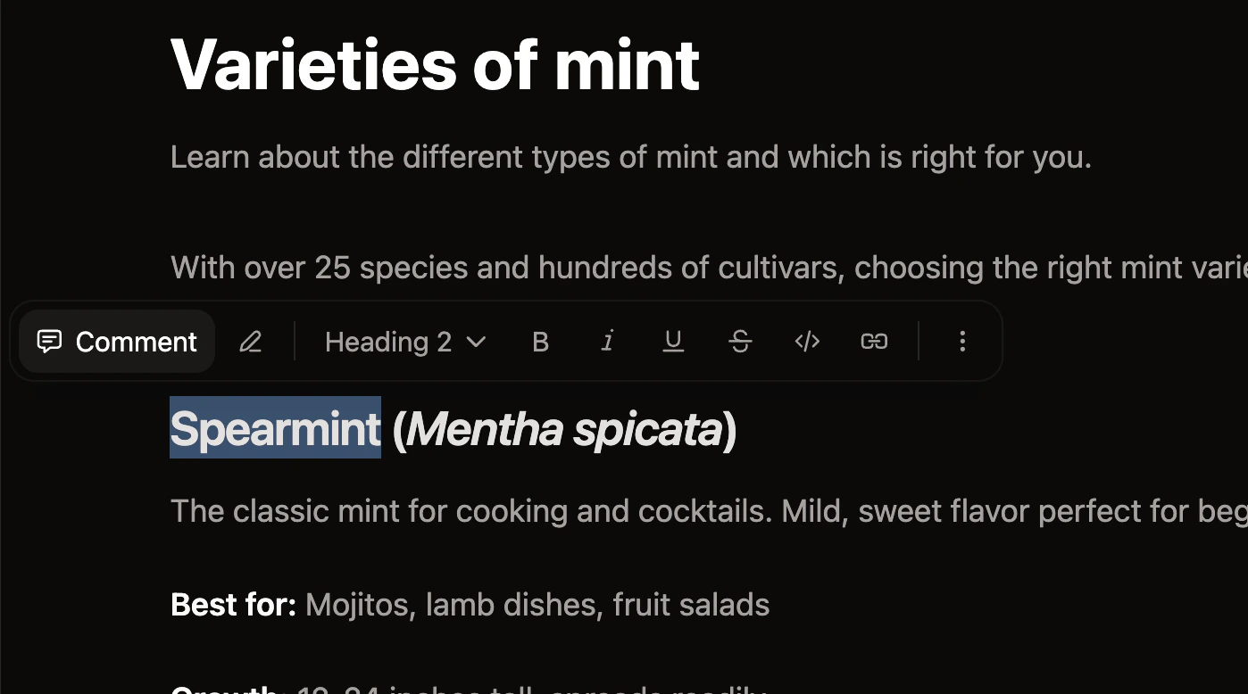 The comment button in the floating toolbar above selected text in the web editor.
