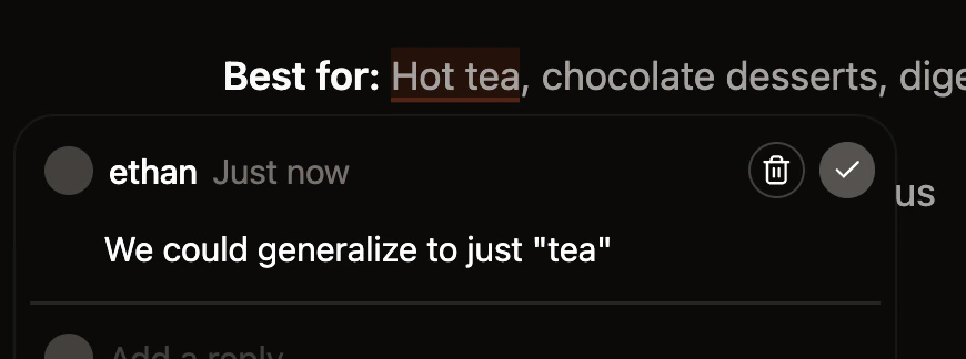 A comment thread opened in the web editor with the checkmark icon to resolve the thread highlighted.