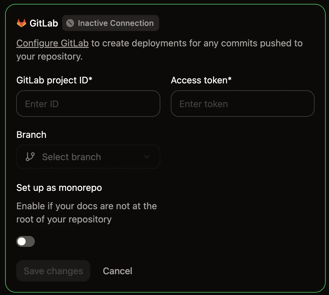 The GitLab configuration panel in the Git Settings page of the Mintlify dashboard.