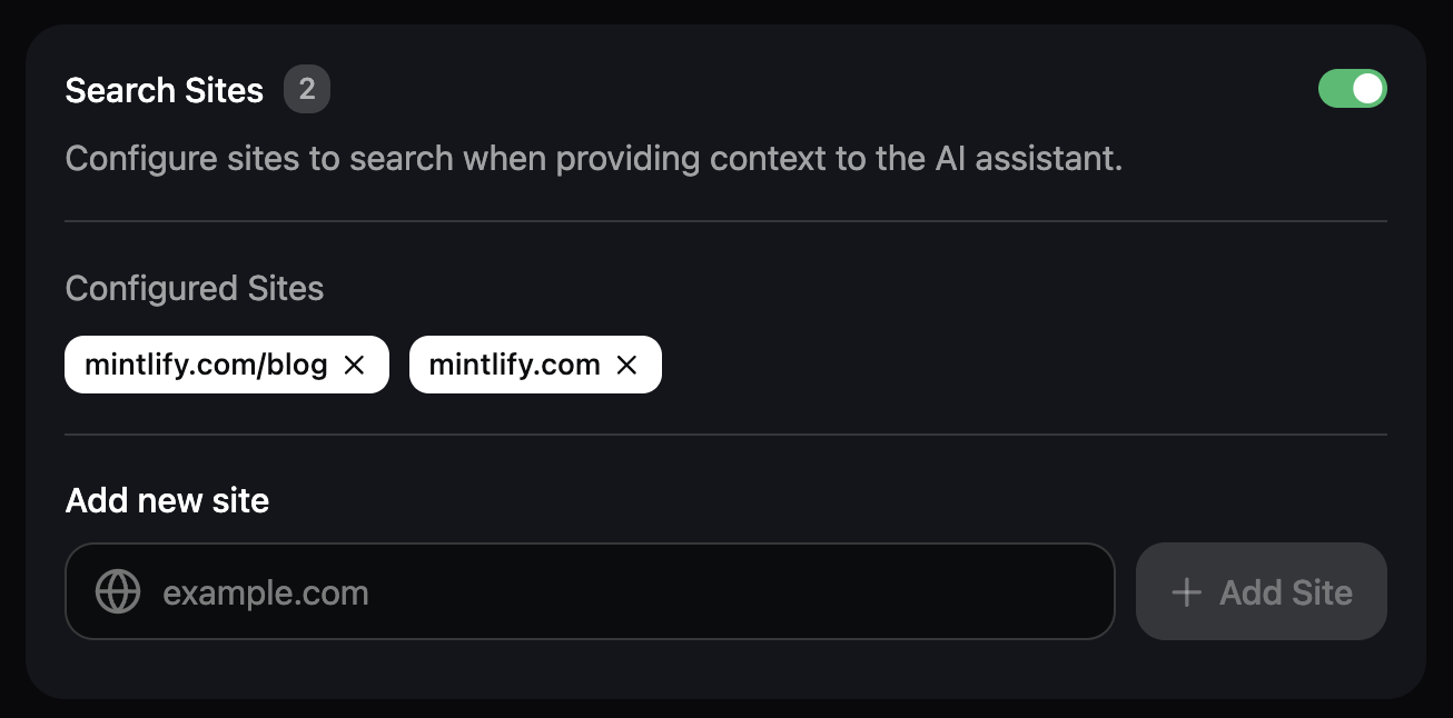 The assistant search sites panel in the dashboard. The assistant is configured to search the mintlify.com and mintlify.com/blog domains.