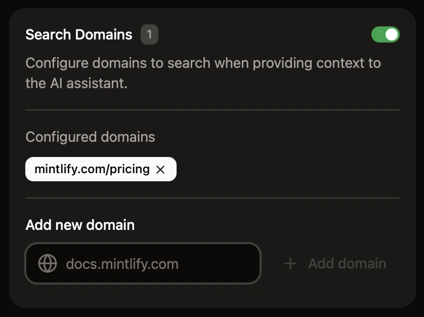 The assistant search domains panel enabled in the dashboard. The assistant is configured to search the mintlify.com/pricing domain.