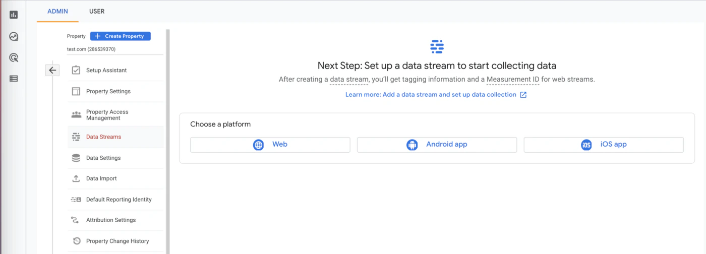 Screenshot of the Data Streams page in the Google Analytics dashboard.