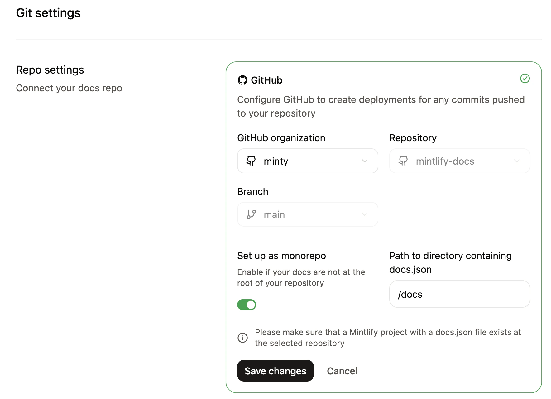 Repository settings in the Git settings page.