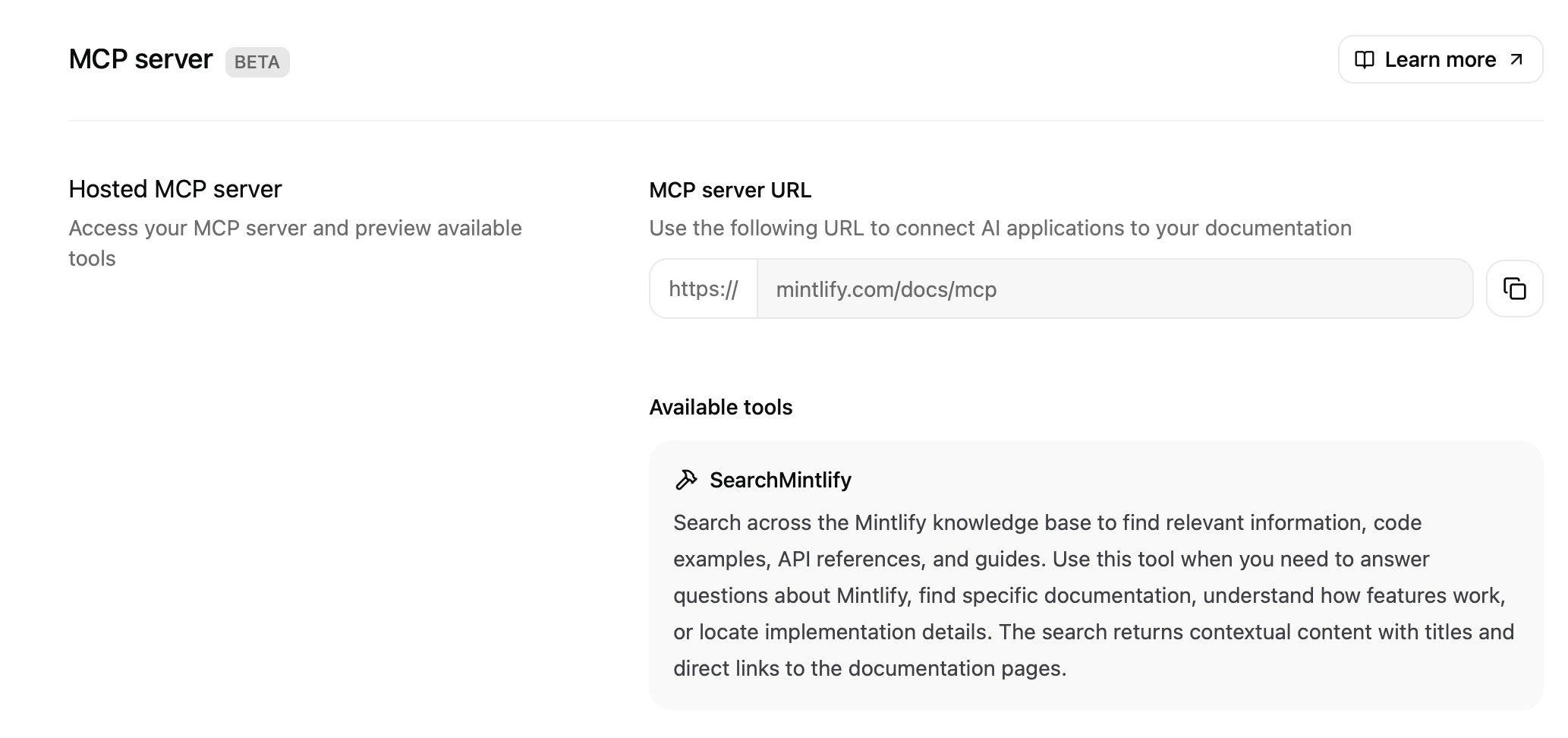 Page du serveur MCP dans le Dashboard.