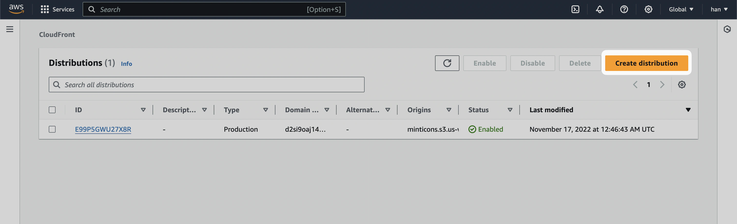 CloudFront Distributions 页面,高亮显示 “Create distribution” 按钮。
