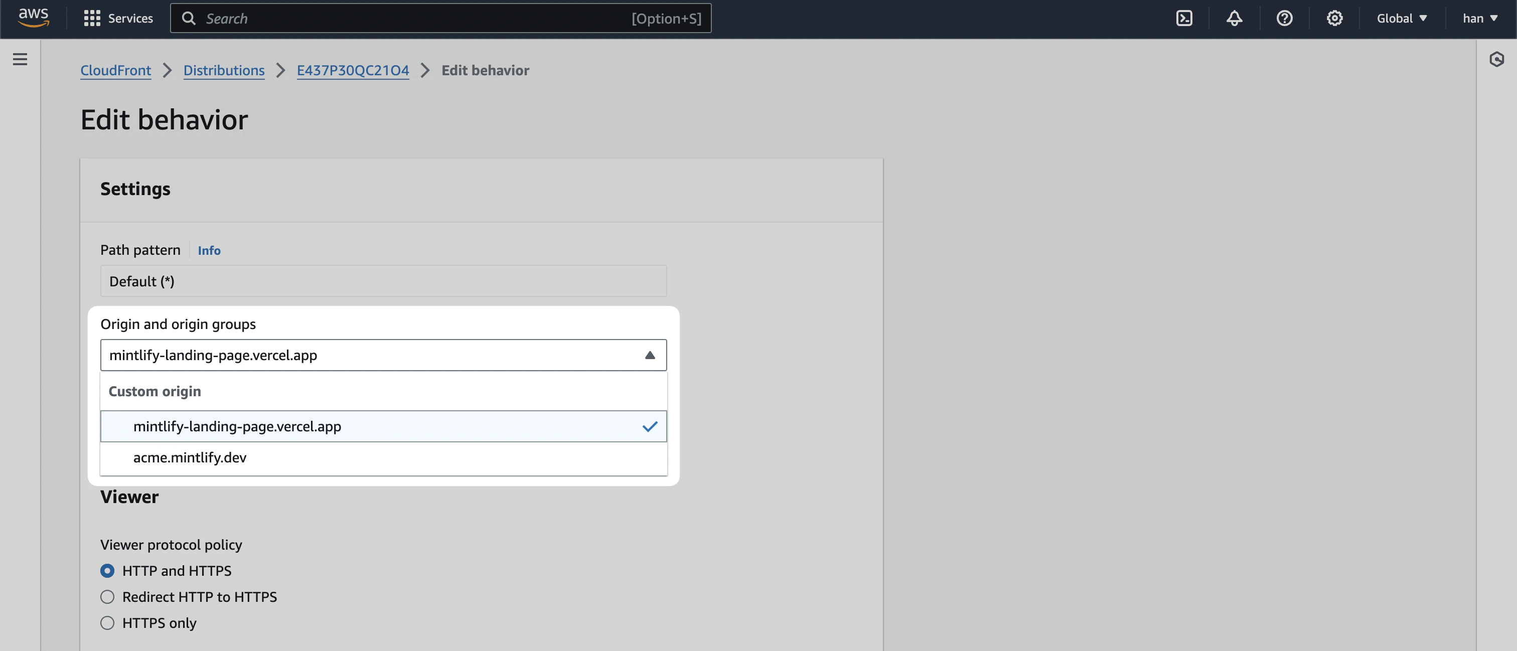 CloudFront 的“Edit behavior”页面,突出显示了“Origin and origin groups”输入字段。