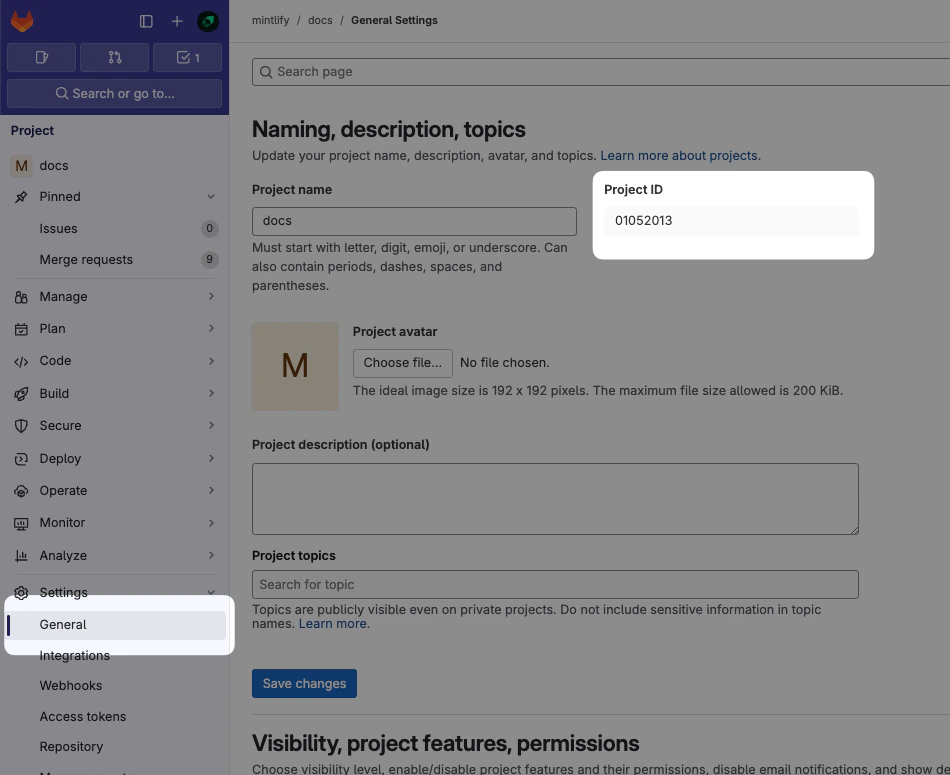 The General Settings page in the GitLab dashboard. The Project ID is highlighted.