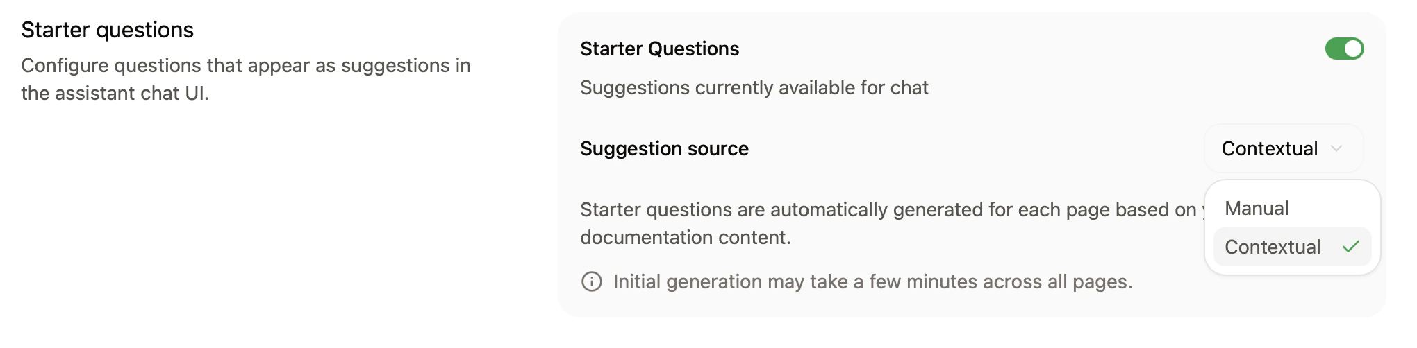 The search suggestions panel in the dashboard with contextual starter questions enabled.
