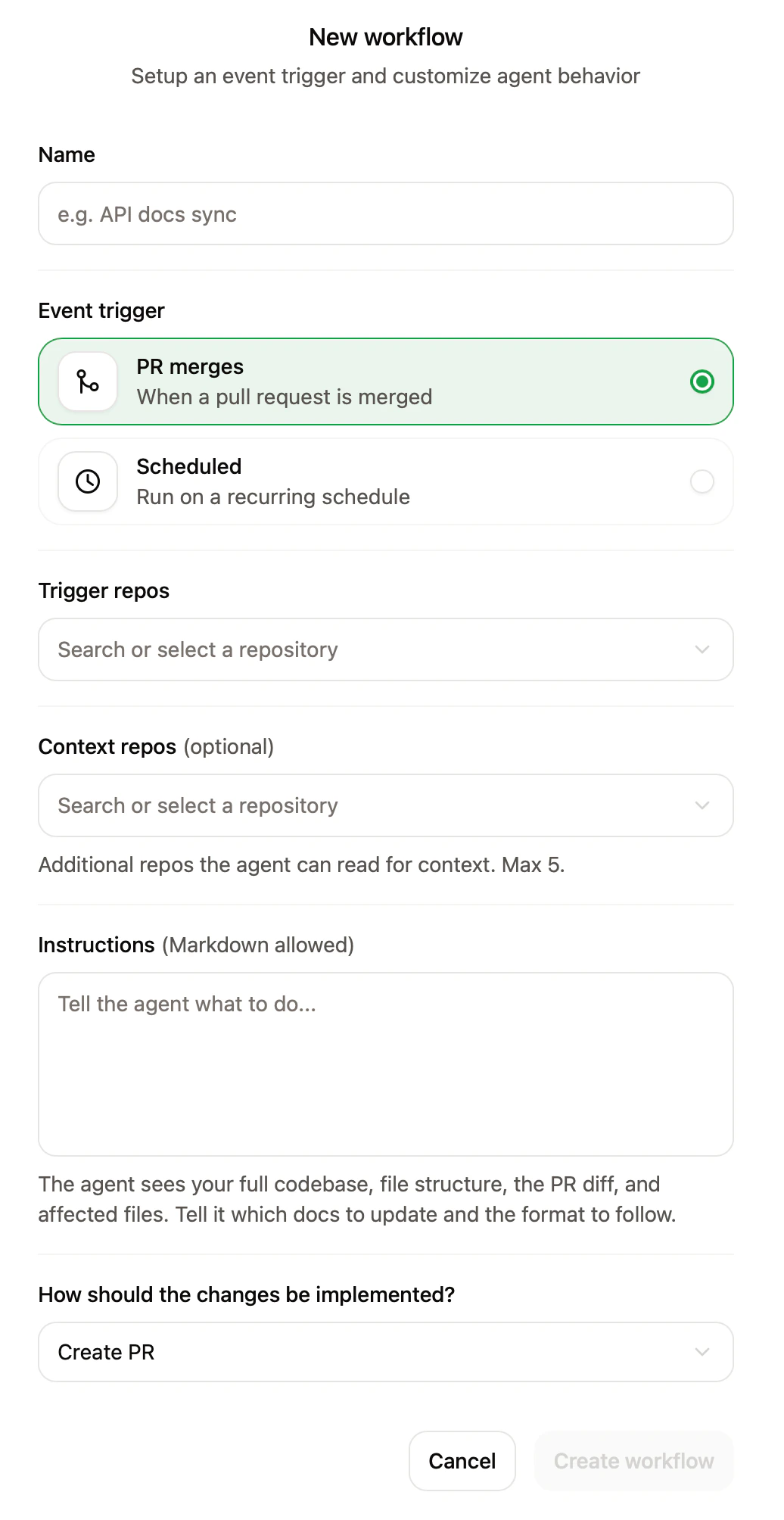 The new workflow setup page.