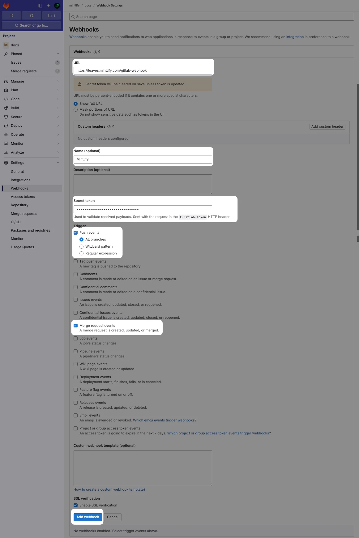 La page Webhooks dans le tableau de bord GitLab. Les paramètres à configurer pour Mintlify sont surlignés.