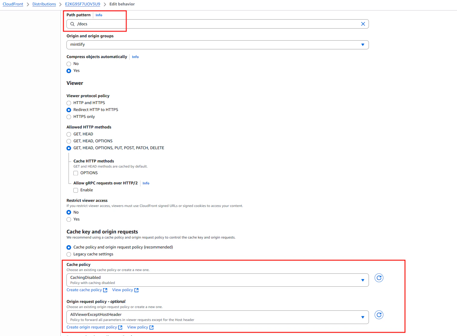 CloudFront "Create behavior" page with a "Path pattern" of "/docs/*" and "Origin and origin groups" pointing to the acme.mintlify.dev URL.