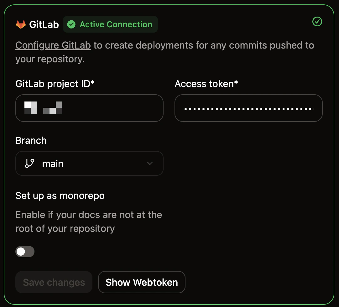 Screenshot of the GitLab connection in the Mintlify dashboard.