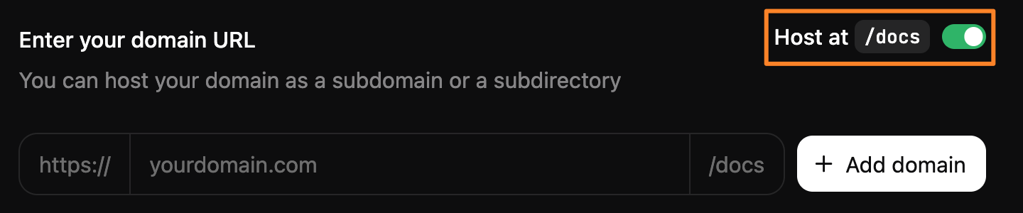 Screenshot of the Custom domain setup page. The Host at `/docs` toggle is on and highlighted by an orange rectangle.