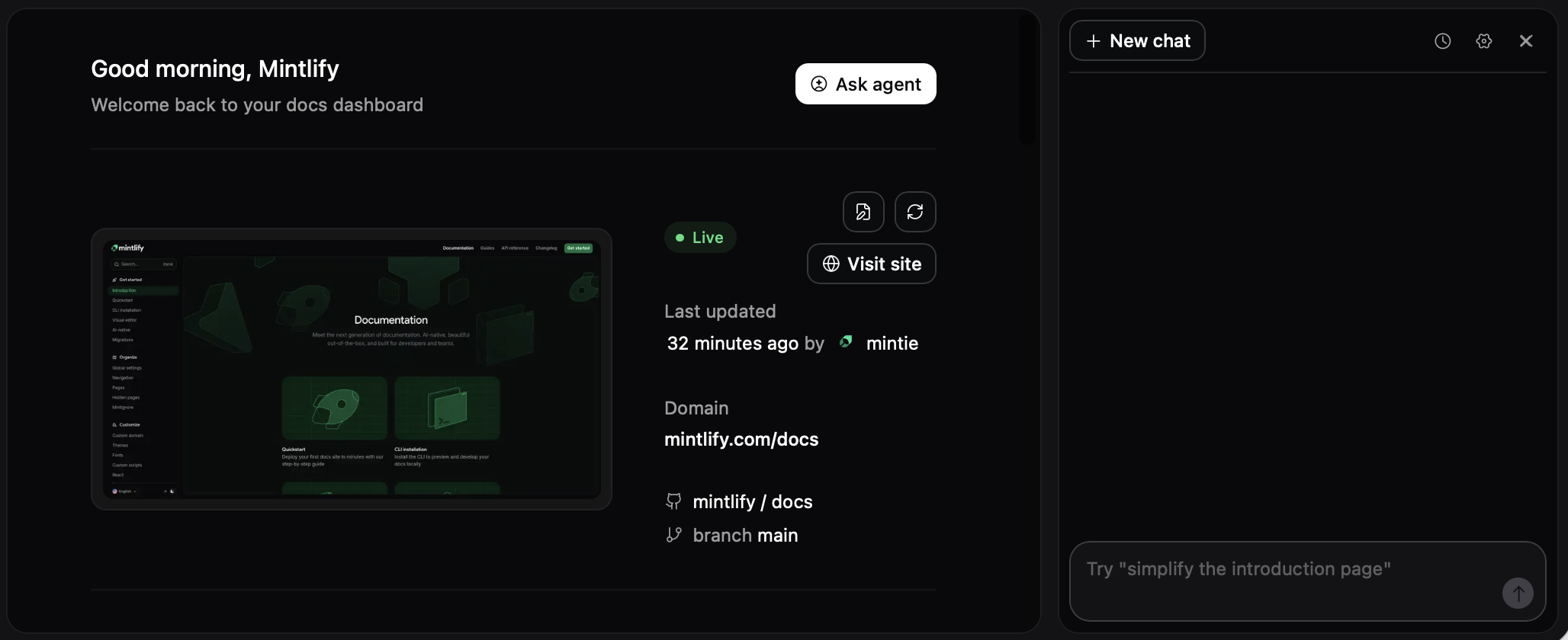 The agent panel open in the dashboard.