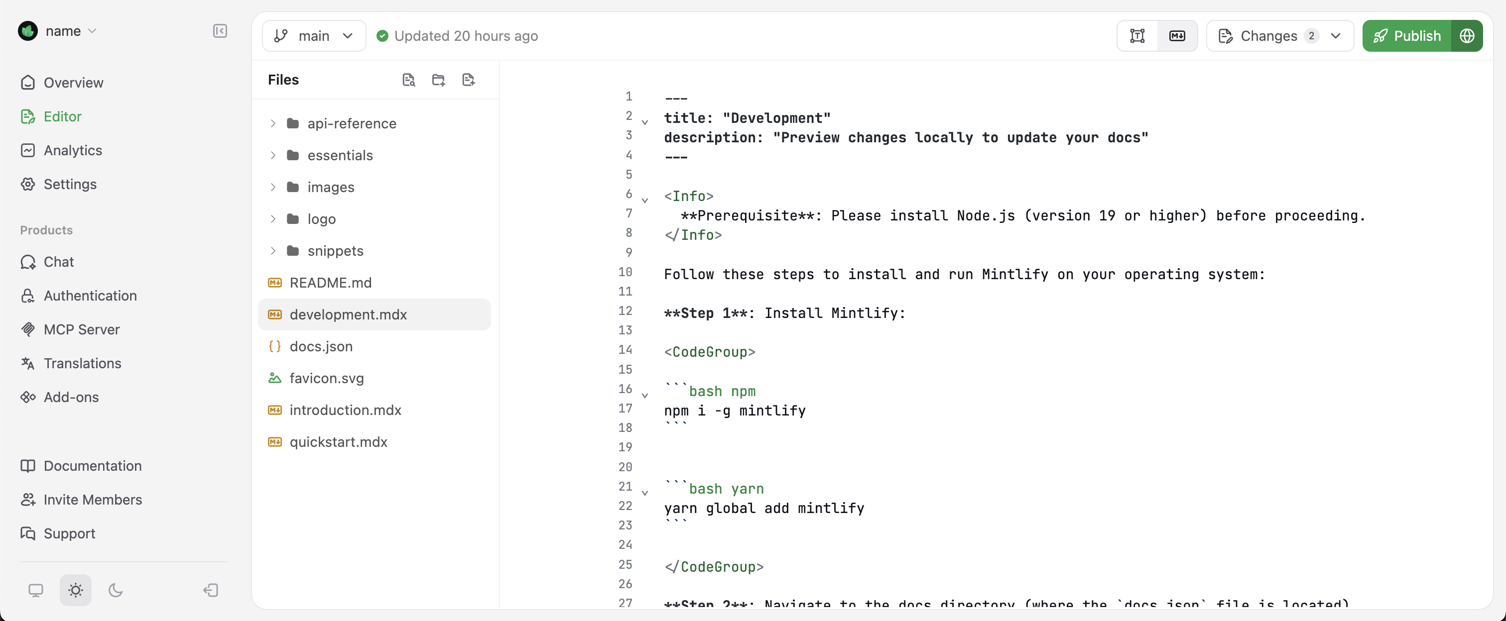Markdown mode in the Mintlify web editor