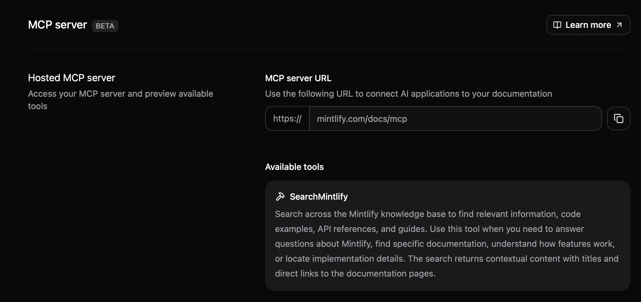 Página del servidor MCP en el dashboard.