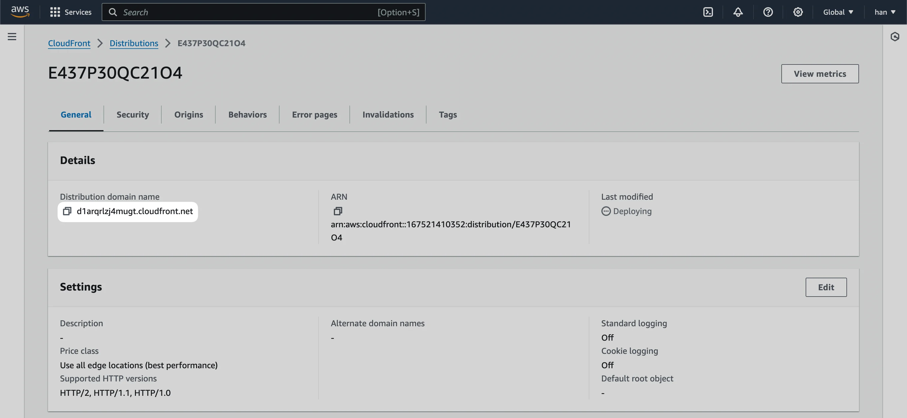 CloudFront "General" tab with the "Distribution domain name" URL highlighted.
