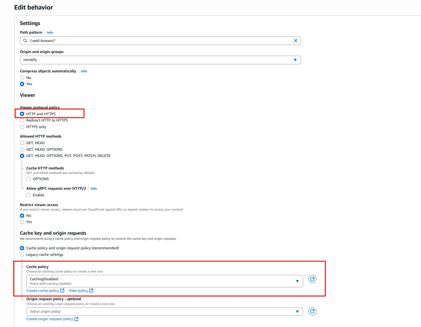 CloudFront "Create behavior" page with a "Path pattern" of "/.well-known/*" and "Origin and origin groups" pointing to the staging URL.