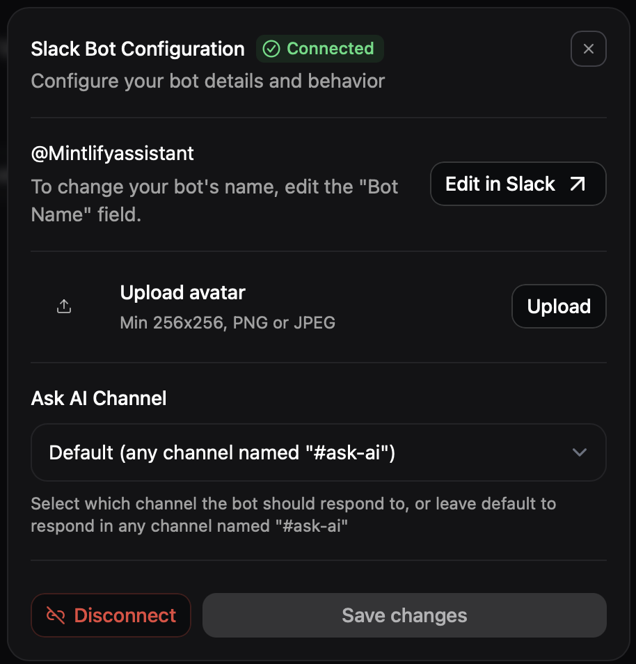 The Slack configuration panel in dark mode.