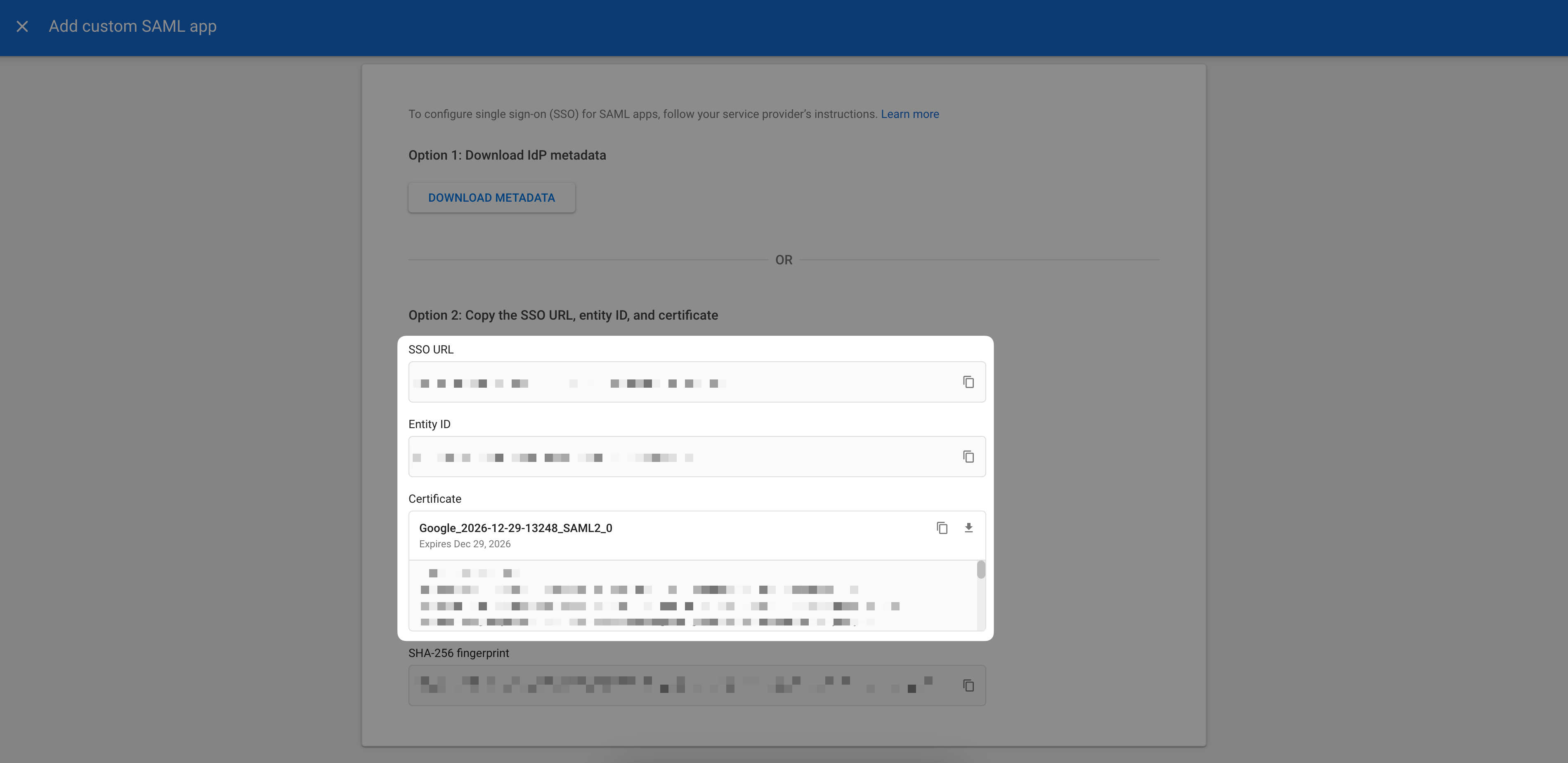 Screenshot of the Google Workspace SAML application page with the SSO URL, Entity ID, and x509 certificate highlighted. The specific values for each of these are blurred out.