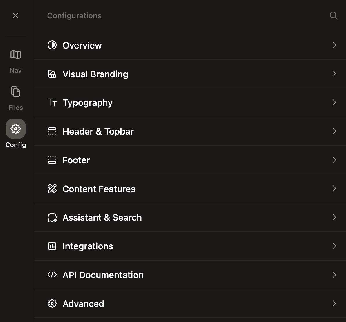 Configurations settings in the sidebar in dark mode.