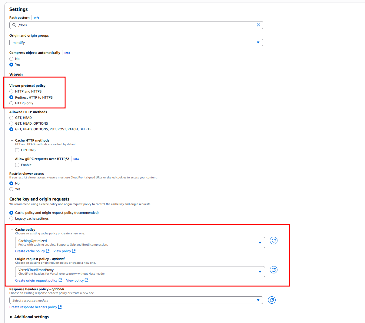 CloudFront "Create behavior" page with a "Path pattern" of "/docs/*" and "Origin and origin groups" pointing to the acme.mintlify.dev URL.