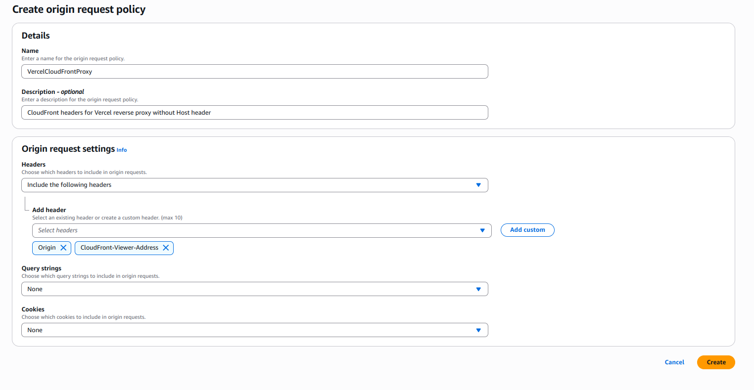 CloudFront Create origin request policy page that forwards the Origin and CloudFront-Viewer-Address headers