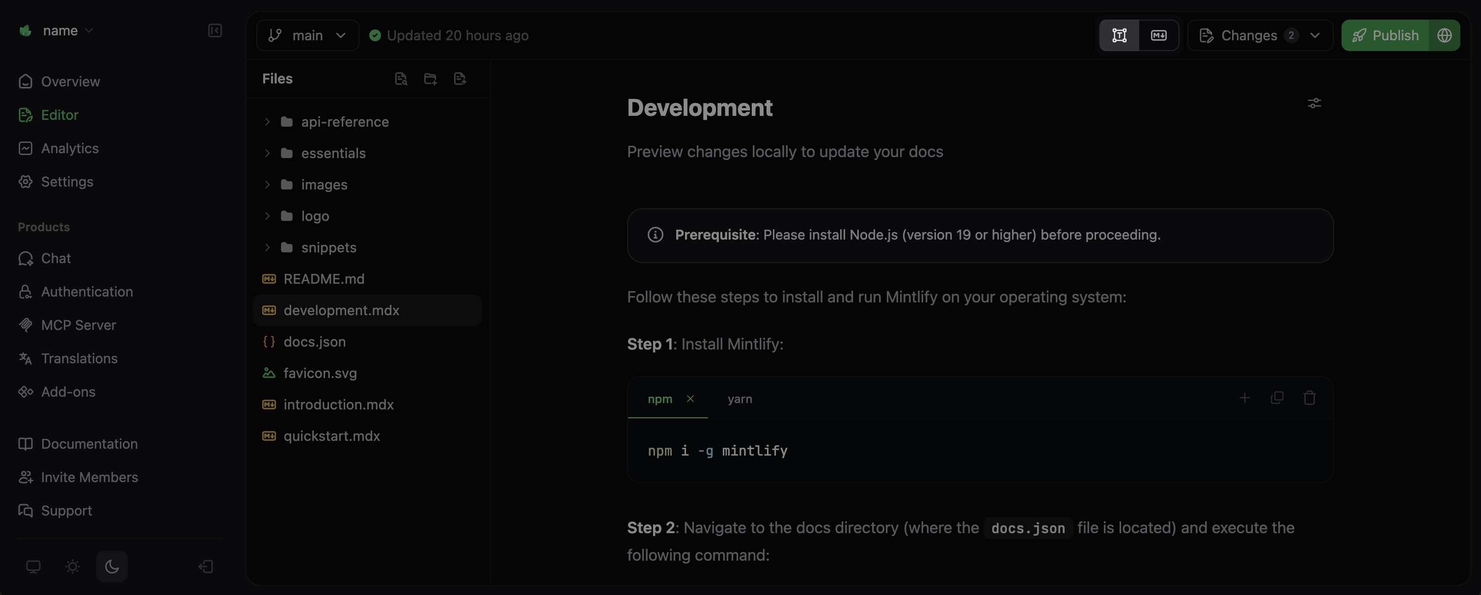 Mode toggle icons highlighted in the Mintlify web editor