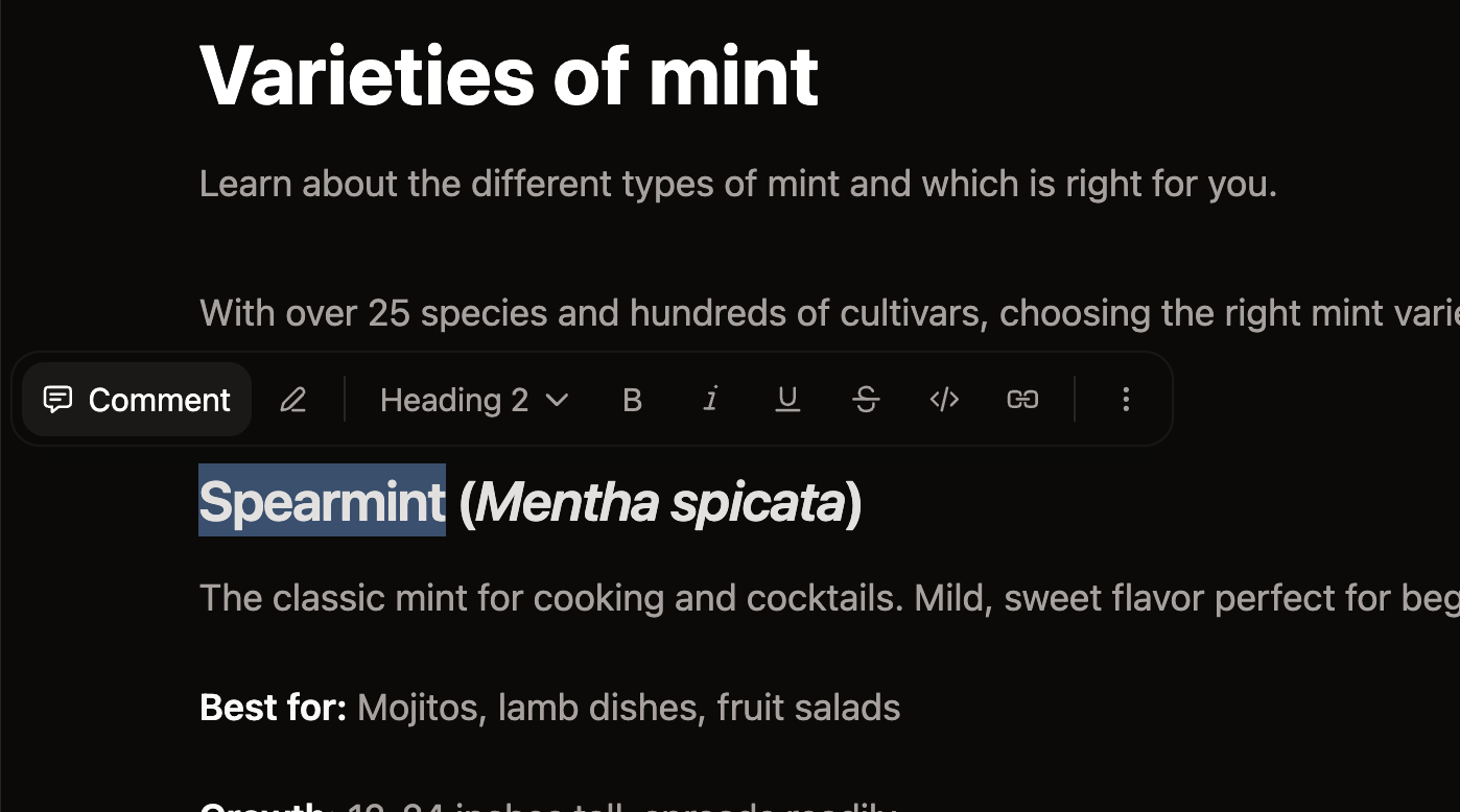 The comment button in the floating toolbar above selected text in the web editor.