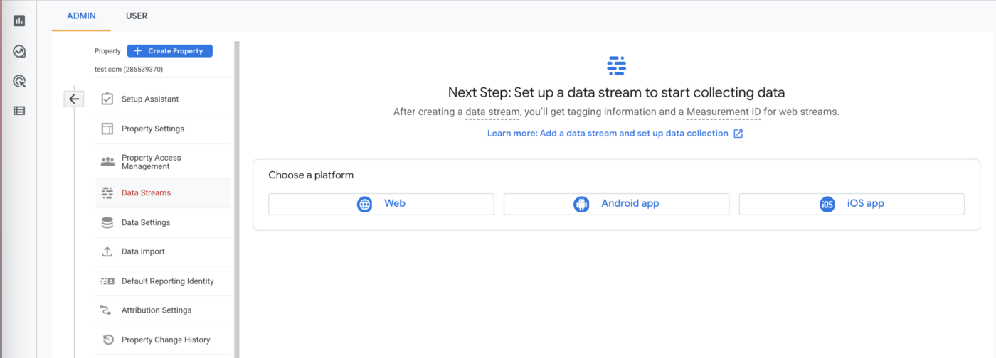 Screenshot of the Data Streams page in the Google Analytics dashboard.