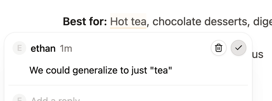 A comment thread opened in the web editor with the checkmark icon to resolve the thread highlighted.
