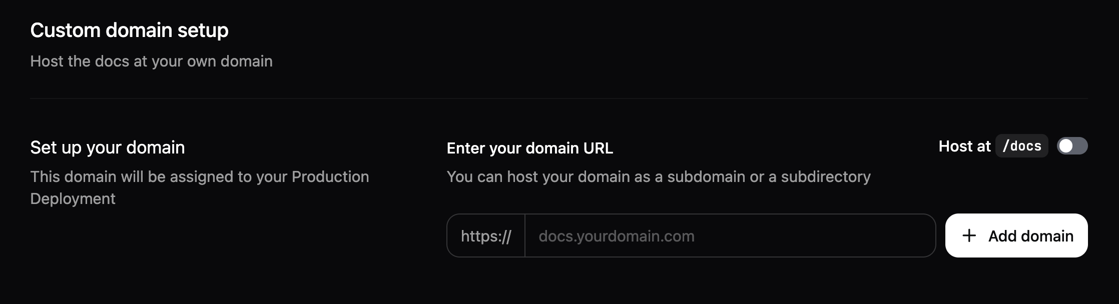 La page de configuration du domaine personnalisé affichant le champ pour saisir l'URL de votre domaine personnalisé.