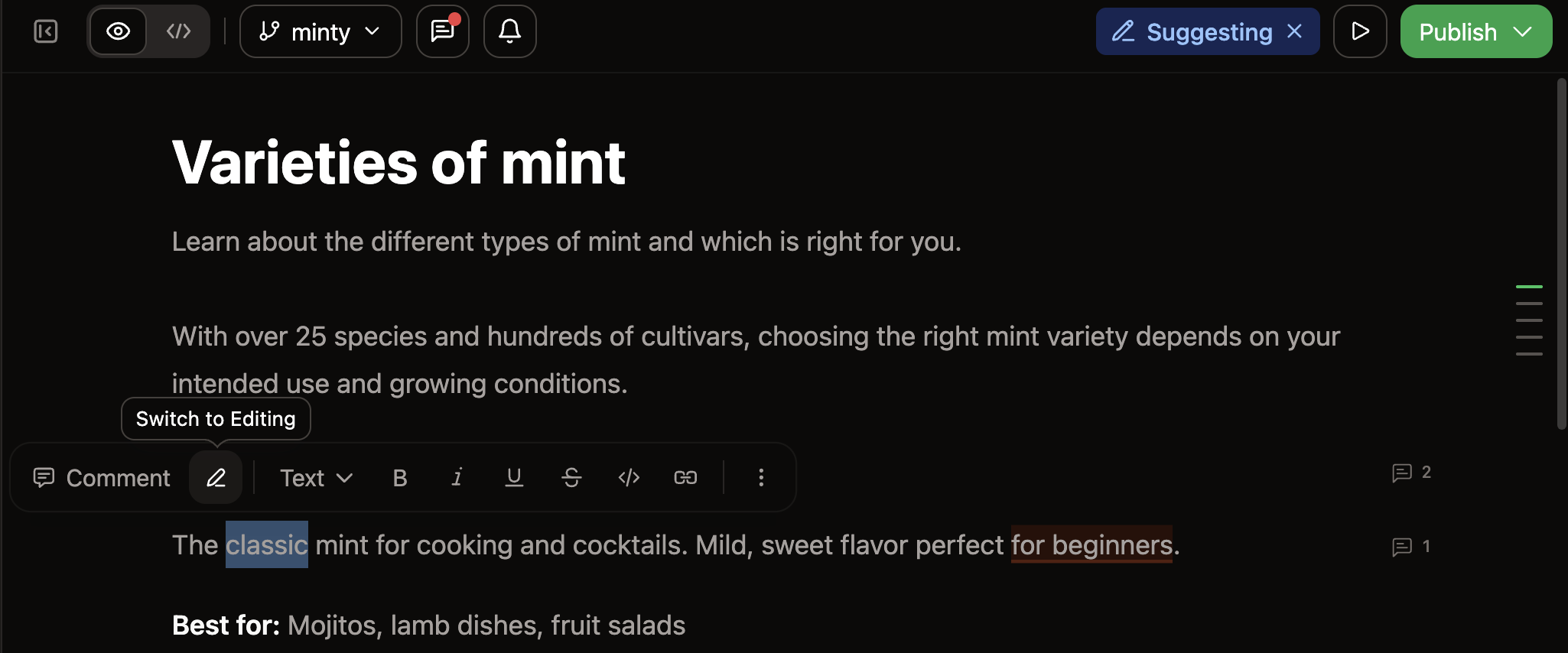 Le bouton de passage en mode suggestion dans la barre d'outils flottante au-dessus du texte sélectionné dans l'éditeur web. L'indicateur Suggestion est visible dans la barre d'outils supérieure.