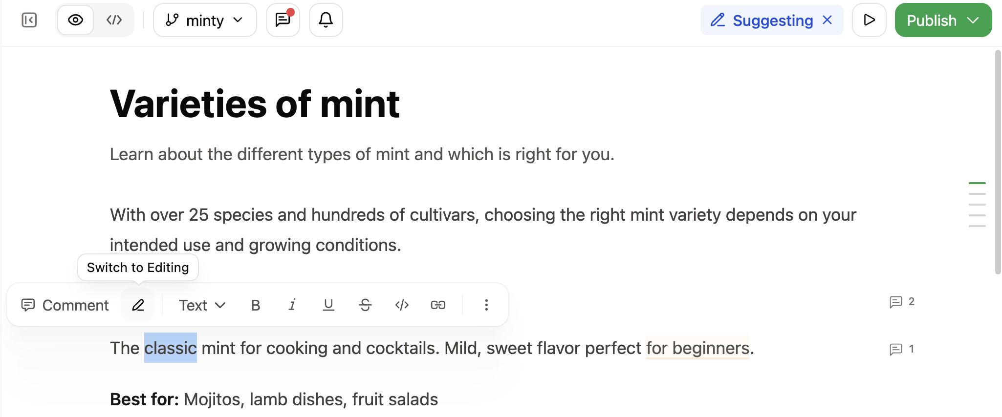 Le bouton de passage en mode suggestion dans la barre d'outils flottante au-dessus du texte sélectionné dans l'éditeur web. L'indicateur Suggestion est visible dans la barre d'outils supérieure.