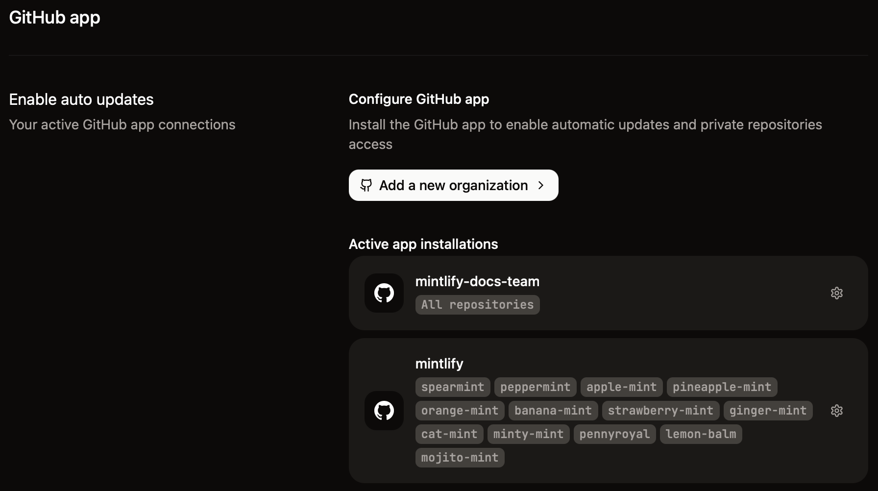 The GitHub app page showing connected repositories for two organizations in dark mode.