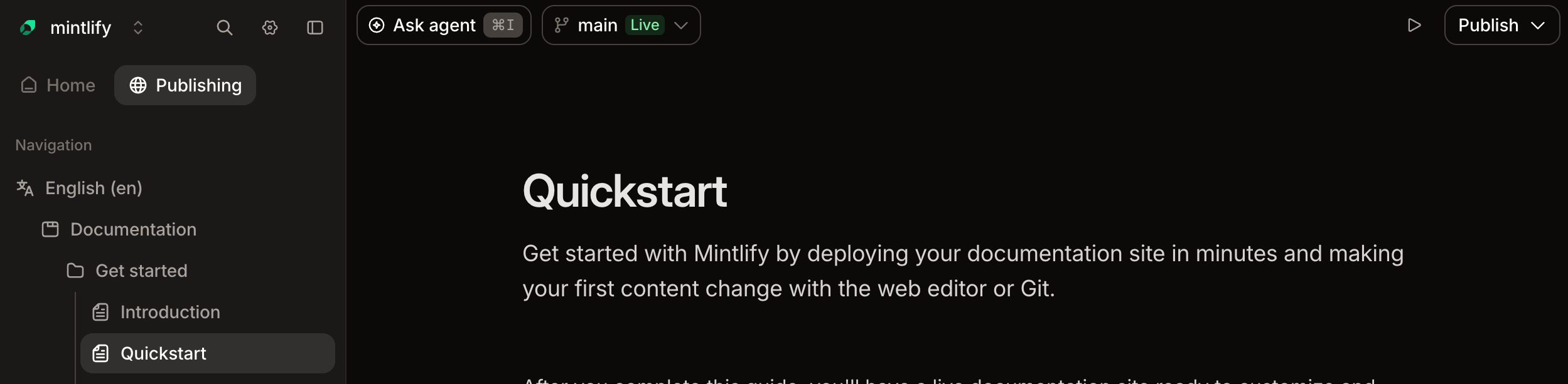 Screenshot of the editor with the Publishing tab selected.