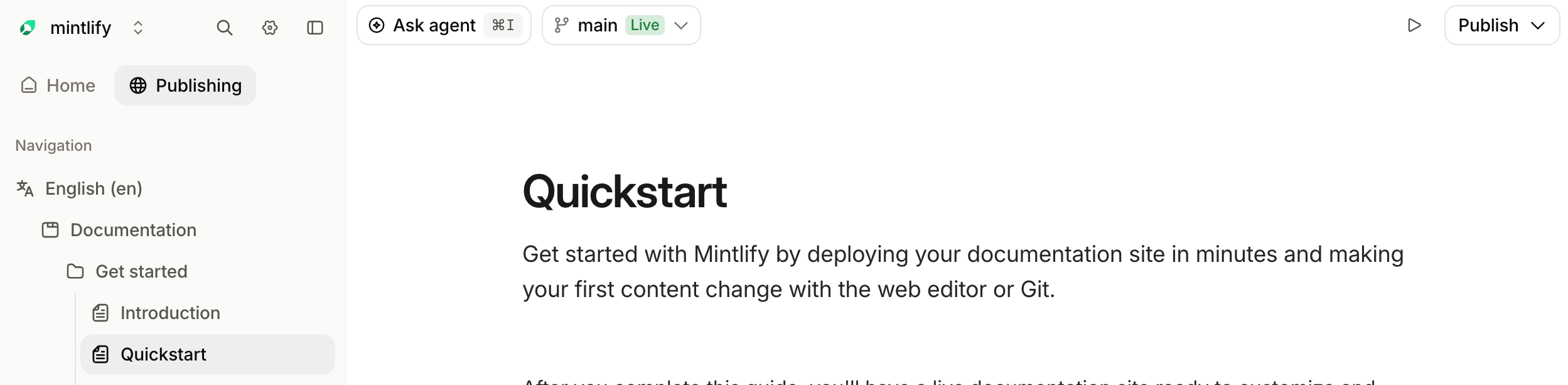 Screenshot of the editor with the Publishing tab selected.
