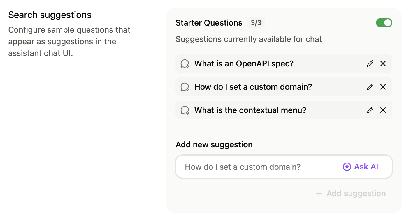 The search suggestions panel in the dashboard with starter questions enabled and populated with three questions.