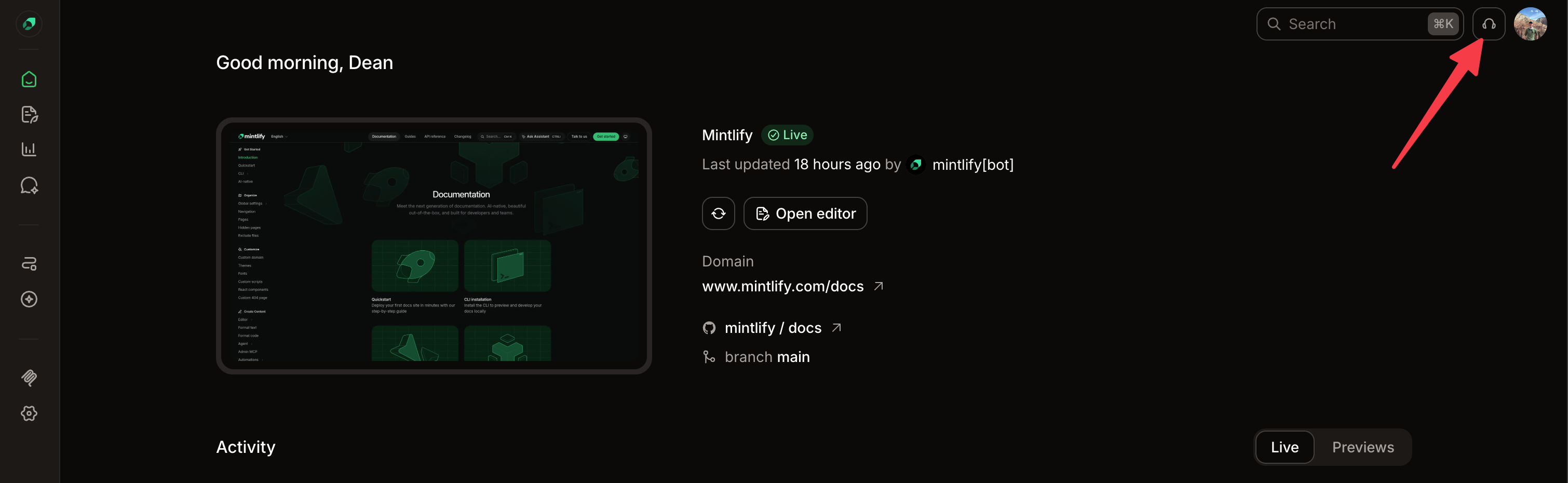Support button in the top right of the dashboard.