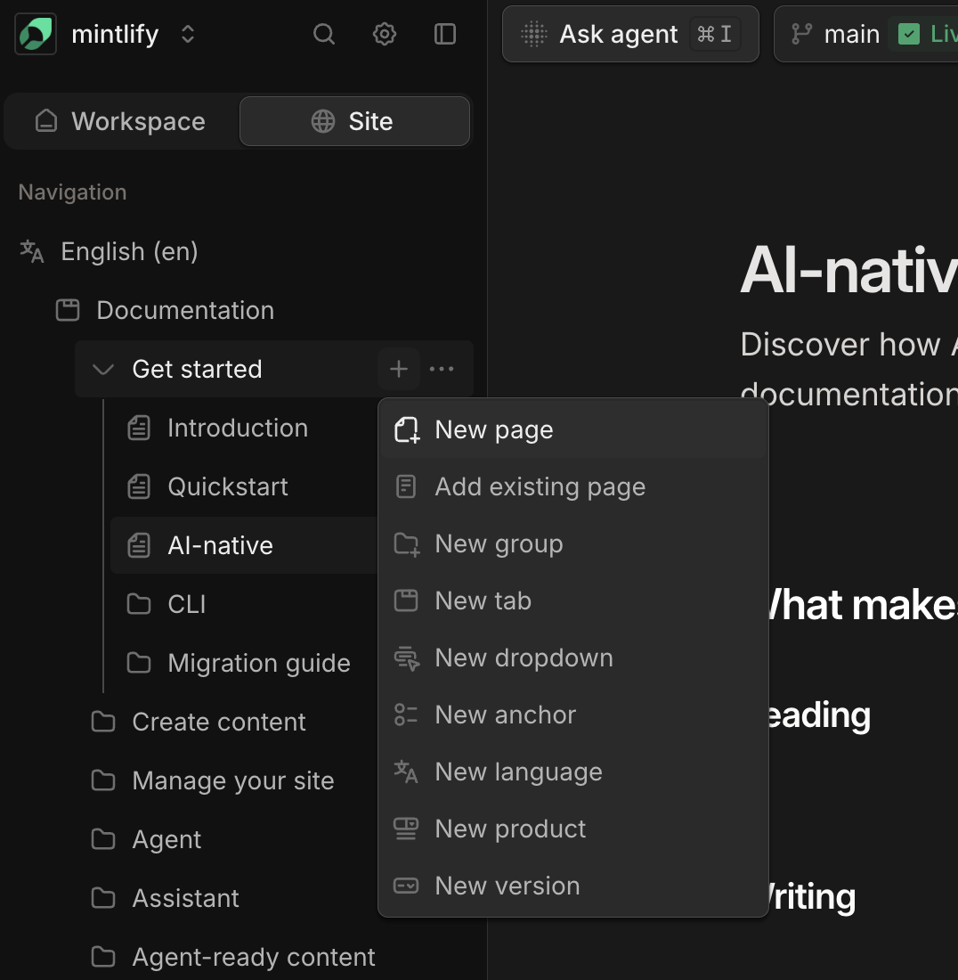 The add page menu opened beside a group in the editor.