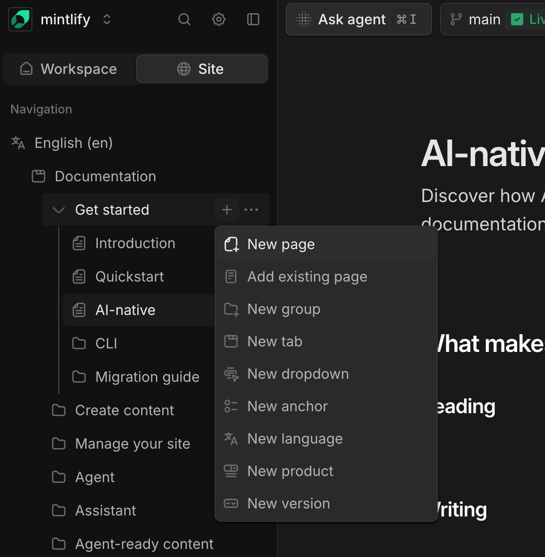 The add page menu opened beside a group in the editor.
