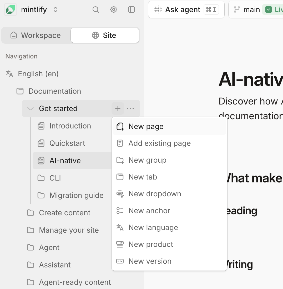 The add page menu opened beside a group in the editor.