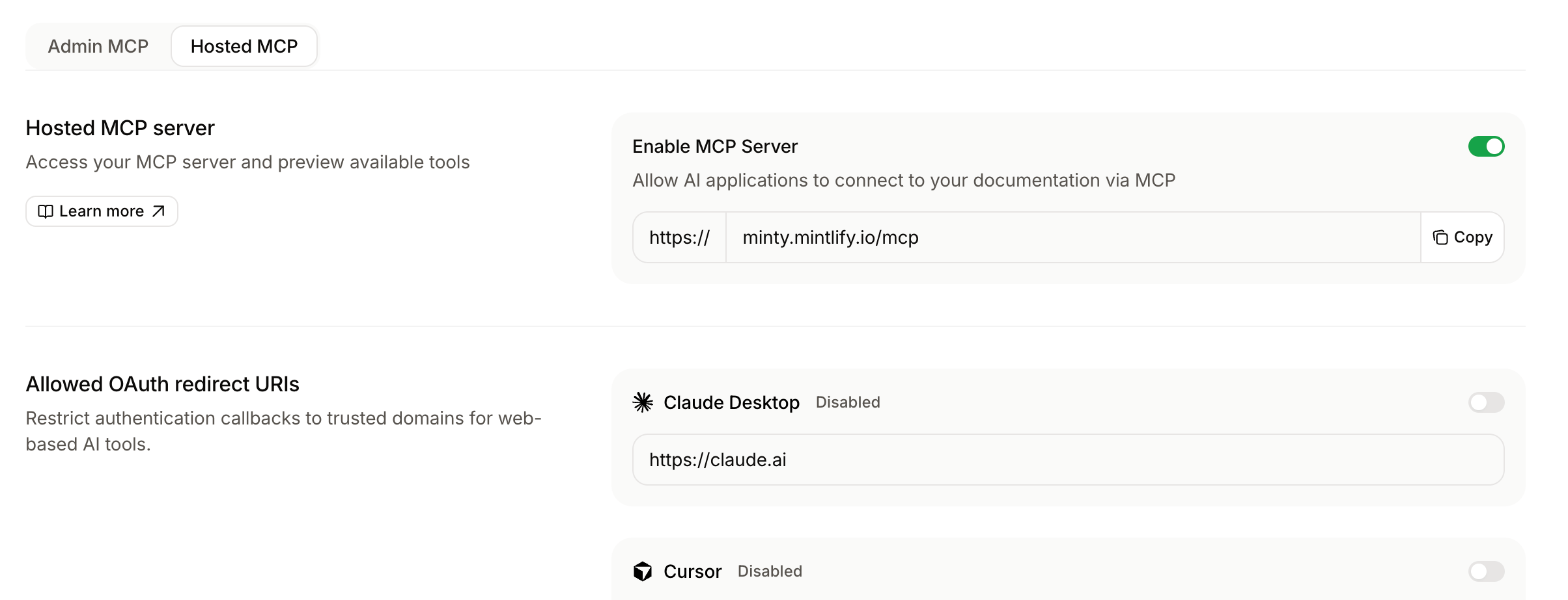 MCP server page in the dashboard.