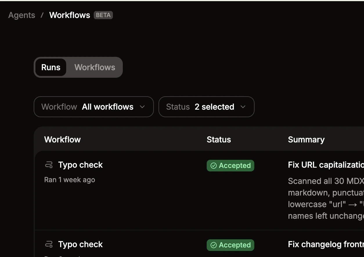 Workflow runs with the status filter menu open.