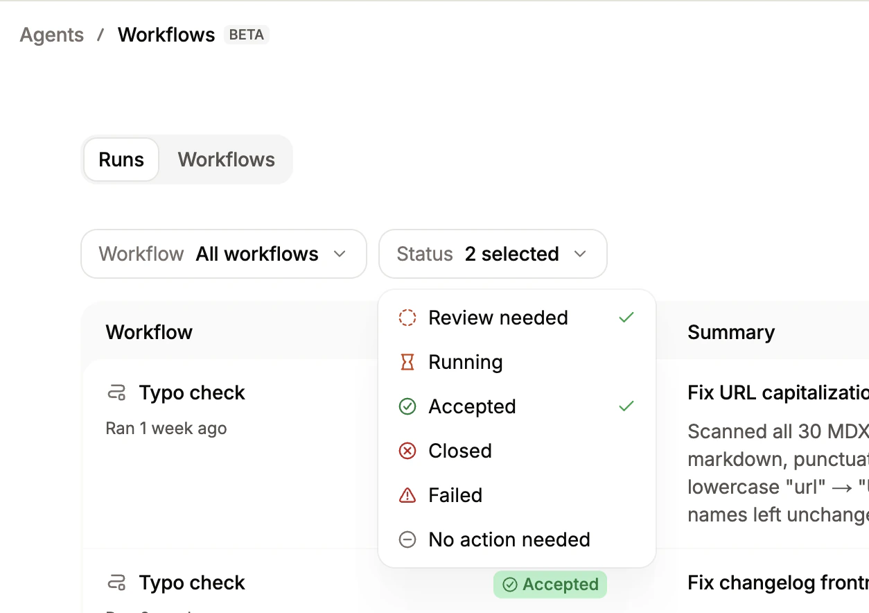 Workflow runs with the status filter menu open.