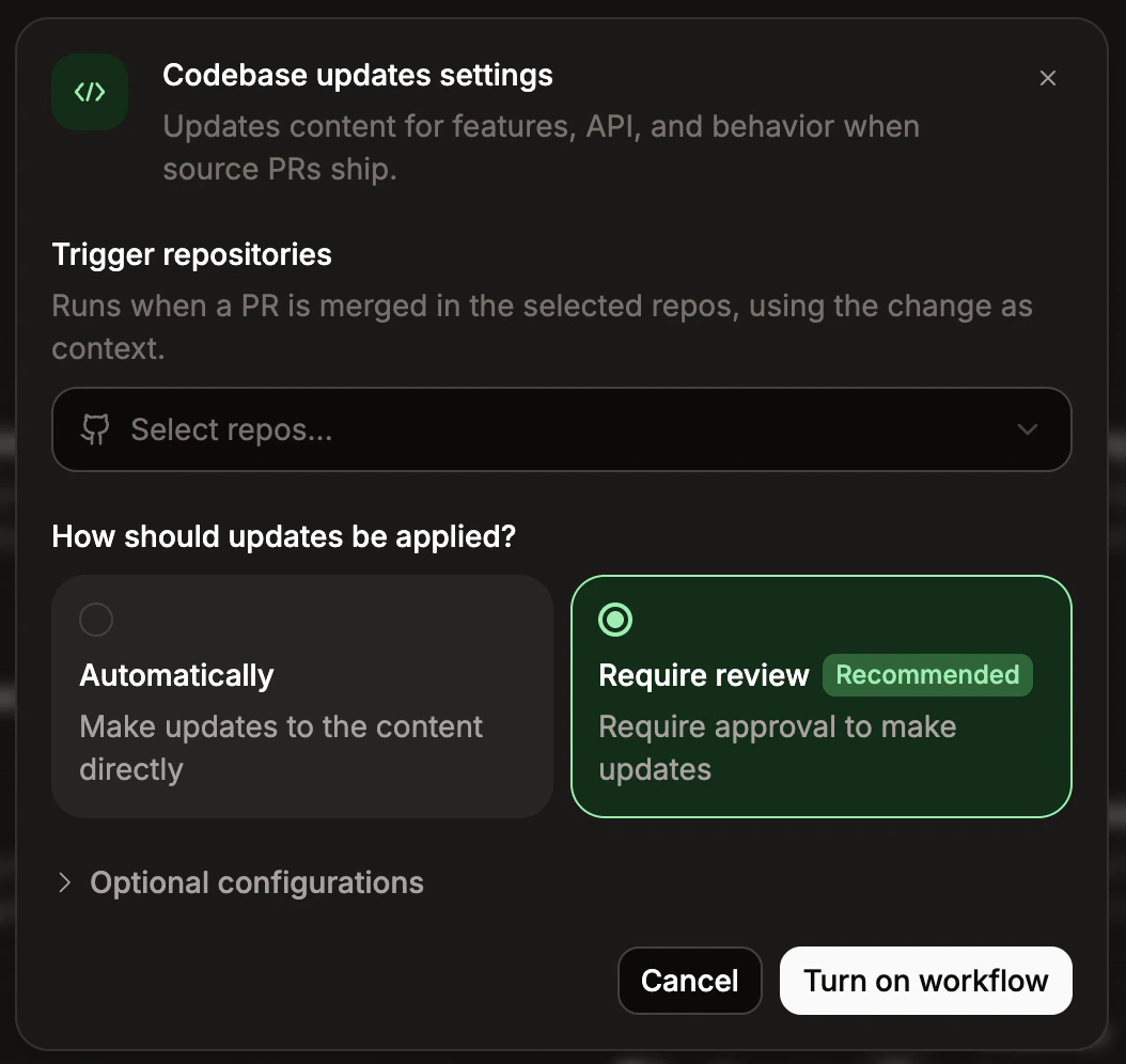 The configuration options for the codebase updates workflow.