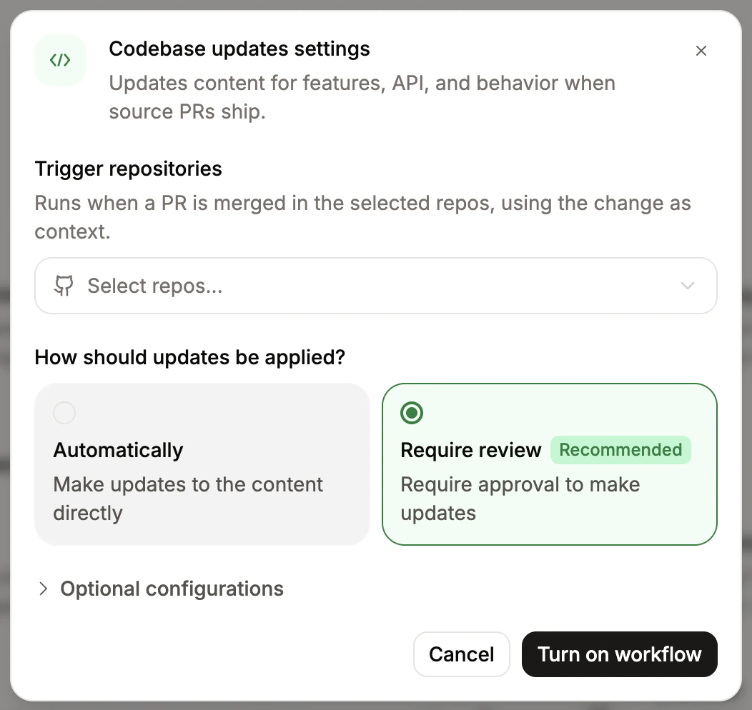 The configuration options for the codebase updates workflow.