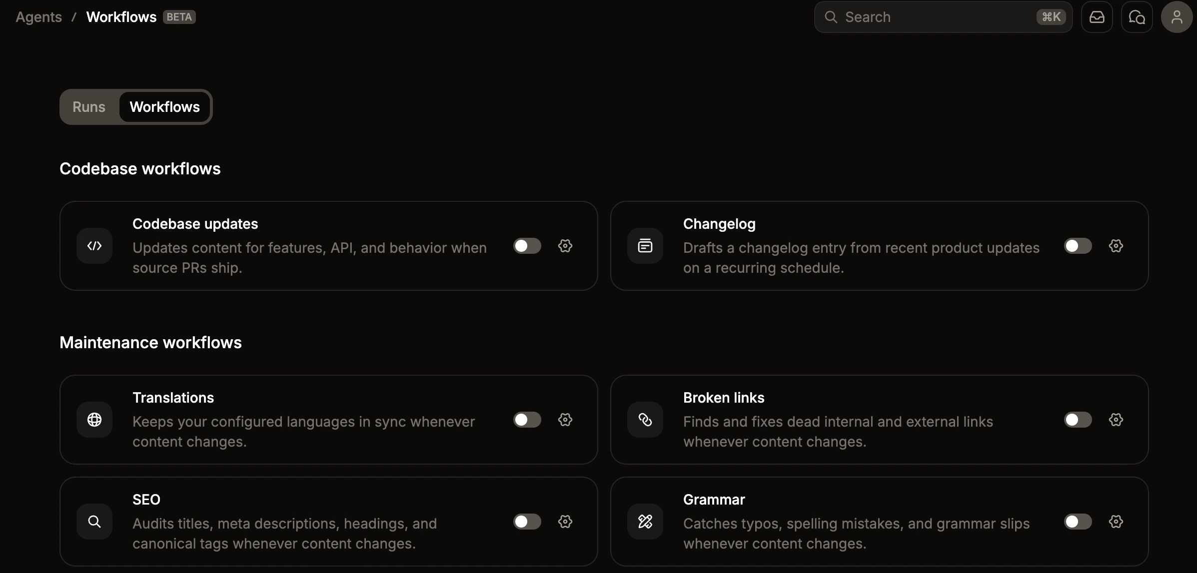 The workflows dashboard.